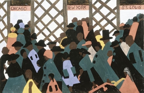 <strong> What attitude regarding the northward migration of African Americans can be inferred from this particular Jacob Lawrence painting from his Migration series?</strong> A) irony B) joy C) condescension D) detachment