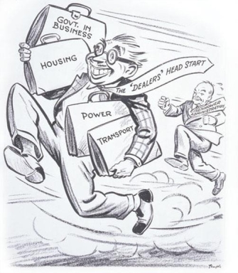 <strong> How does the 1953 editorial political cartoon Who Said 'Creeping Socialism' contradict what President Eisenhower had to say about domestic programs associated with the New and Fair Deals?</strong> A) Eisenhower wanted to focus more on civil rights than other public programs. B) Eisenhower announced that he had no intention of dismantling most of these programs. C) Eisenhower wanted to dismantle these programs and desired more conservative ones in place. D) Eisenhower believed that balancing the budget and limiting government spending was more important.