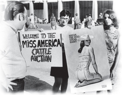 <strong> What type of message did feminists picketing the 1968 Miss America Pageant intend to convey to the American public through the posters they were holding?</strong> A) grotesque B) violent C) satirical D) sympathetic
