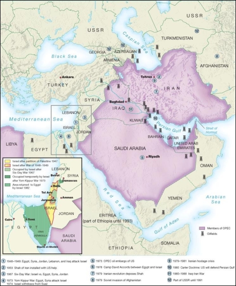 <strong> This map of the Middle East reveals that .</strong> A) the Persian Gulf and Strait of Hormuz had little relevance to American economic interests B) the Middle East was still under the influence of European colonialism C) U.S. dependence on Middle Eastern oil increased the importance of conflicts in this region for Americans D) the Soviet Union expanded into the Middle East in order to secure its oil reserves