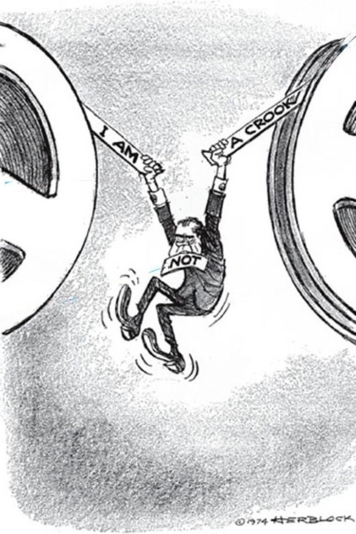 <strong> The Herblock 1974 political cartoon Nixon Hanging Between the Tapes comments on the fact that President Nixon .</strong> A) had many opponents intent on bringing him down B) might have salvaged his career if he had kept quiet about Watergate C) edited his tapes of White House conversations D) had the right through executive privilege to withhold information regarding his activities