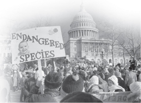<strong> This image of pro-life demonstrators represents what aspect of the conflict over abortion?</strong> A) the conflict between Congress and the Reagan administration B) the conflict between the will of the majority and the law of the land C) the conflict between the rights of women and those of the unborn D) the conflict between feminists and environmentalists