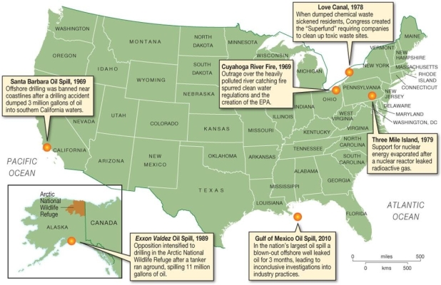 <strong> What common factor did all of the environmental disasters shown on this map share?</strong> A) They were isolated incidents occurring either in the Northeast or the West. B) They were all caused by the oil industry. C) They were not covered adequately by the media. D) They were all man-made disasters.