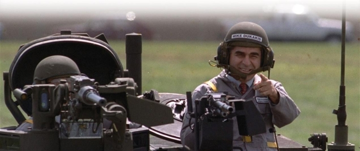 <strong> What was the effect of this photograph taken of 1988 Democratic candidate Michael Dukakis in his unsuccessful bid for the presidency?</strong> A) He was ridiculed for riding around in a tank in a suit and tie and not looking presidential. B) He was perceived to be a strong commander in chief if elected president. C) He was portrayed as the nation's defender against communism and terrorism. D) He was depicted as a leader who would continue to increase military spending.