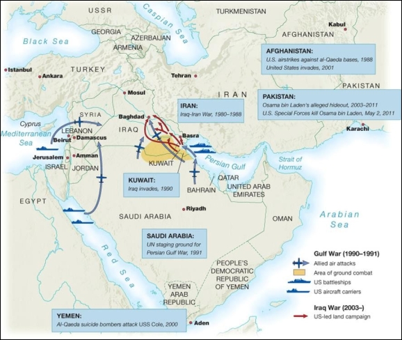<strong> The actions taken by the United States in the Persian Gulf War of 1990-1991 and the Iraq War that began in 2003 and are shown on this map were justified through the Doctrine.</strong> A) Truman B) Powell C) Carter D) Nixon