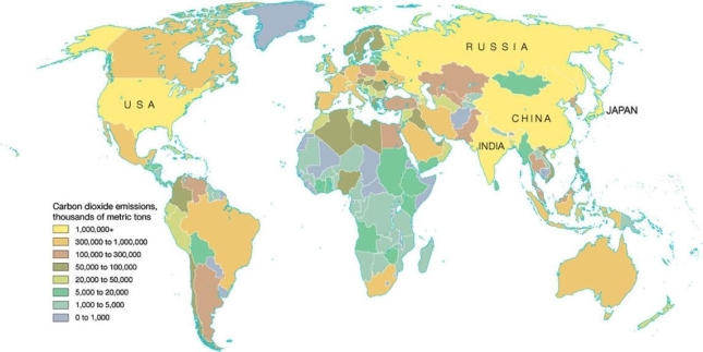 <strong> What conclusion can be made from this 2007 map showing global carbon dioxide emissions?</strong> A) Americans owned few sport-utility vehicles (SUVs). B) Developing African nations had few cars or heavy industry. C) Greenhouse gases had a greater detrimental effect in Europe rather than in Asia. D) Sea levels throughout the world were falling.