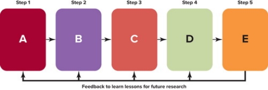 <strong> Figure 8-1 -According to Figure 8-1 above, what does C represent in the marketing research process?</strong> A) Define the problem. B) Collect relevant information. C) Develop the research plan. D) Develop findings. E) Take marketing actions.
