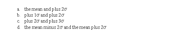 In a normal distribution, .9544 of the scores will be located in the interval between.