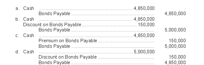 Five thousand bonds with a face value of $1,000 each, are sold at 97.The entry to record the issuance is