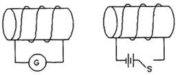 <strong>Two solenoids are close to each other, as shown in the figure, with the switch S open. When the switch is suddenly closed, which way will the induced current flow through the galvanometer in the left-hand solenoid? </strong> A)from left to right B)from right to left C)There will be no induced current through the galvanometer.