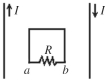 <strong>As shown in the figure, two parallel wires carry a current I in opposite directions, and this current is decreasing. A rectangular loop is centered between the wires. The direction of the induced current through the resistor R is </strong> A)from a to b. B)from b to a. C)No current is induced.