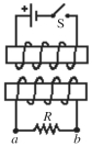 <strong>As shown in the figure, two solenoids are side by side. The switch S is initially open. When S is suddenly closed, the direction of the induced current through the resistor R is </strong> A)from a to b. B)from b to a. C)No current is induced.