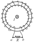 <strong>As shown in the figure, a straight wire carries a current I into the page. The wire passes through the center of a toroidal coil. If the current I is quickly reduced to zero, the direction of the induced current through the resistor R is </strong> A)from a to b. B)from b to a. C)No current is induced.