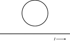 <strong>A circular wire ring is situated above a long straight wire, as shown in the figure. The straight wire has a current I flowing to the right, and this current is increasing at a constant rate. Which of the following statements is true? </strong> A)There is an induced current in the wire ring, directed in clockwise orientation. B)There is an induced current in the wire ring, directed in a counterclockwise orientation. C)There is no induced current in the wire ring.