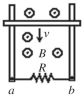 <strong>As shown in the figure, a metal bar is in contact with a pair of metal parallel rails. A steady uniform magnetic field B, perpendicular to the plane of the rails and pointing outward from the page, is present. The bar is in downward motion with velocity of magnitude ν. The direction of the induced current through the resistor R is </strong> A)from a to b. B)from b to a. C)No current is induced.