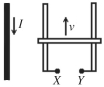 <strong>As shown in the figure, a straight wire carries a steady current I. A metal bar is in contact with a pair of rails and is in upward motion with velocity of magnitude ν. The polarity of the induced emf in terminals X and Y is </strong> A)X and Y are at the same potential. B)X is positive and Y is negative. C)Y is positive and X is negative.