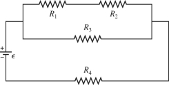 For the circuit shown in the figure, the ideal battery has an emf ? = 80 V. The four resistors have resistances of R _ { 1 } = 14 \Omega R _ { 2 } = 21 \Omega R _ { 3 } = 21 \Omega and R _ { 4 } = 14 \Omega Calculate the rate at which heat is being generated in the resistor R<sub>4</sub>.