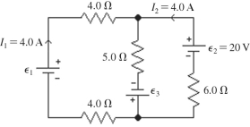 For the circuit shown in the figure, calculate the emf's ?<sub>1</sub> and ?<sub>3</sub>, assuming that the batteries are ideal. Note that two currents are shown.