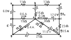 A multiloop circuit is shown in the figure, but some quantities are not labeled. Find the current I<sub>2</sub> if the batteries are ideal. (It is not necessary to solve the entire circuit.)