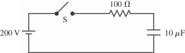 The capacitor shown in the circuit in the figure is initially uncharged when the switch S is suddenly closed, and the battery is ideal. After one time constant has gone by, find (a)the current through the resistor and (b)the charge on the capacitor. Assume that the numbers shown are all accurate to two significant figures.