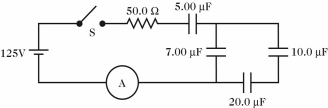 In the circuit shown in the figure, all the capacitors are initially uncharged when the switch S is suddenly closed, and the battery is ideal. Find (a)the maximum reading of the ammeter and (b)the maximum charge on the 5.00-µF capacitor.