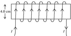 A solenoid is wound with 970 turns on a form 4.0 cm in diameter and 50 cm long. The windings carry a current I in the sense that is shown in the figure. The current produces a magnetic field, of magnitude near the center of the solenoid. Find the current in the solenoid windings.