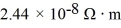 The resistivity of gold is at room temperature. A gold wire that is 0.9 mm in diameter and 14 cm long carries a current of 940 mA. What is the electric field in the wire?