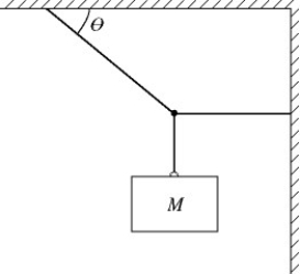 <strong>In the figure, a block of mass M hangs at rest. The rope that is fastened to the wall is horizontal and has a tension off 52 N. The rope that is fastened to the ceiling has a tension of and makes an angle θ with the ceiling. What is the angle θ? </strong> A) 55° B) 35° C) 30° D) 63° E) 45°