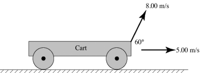 <strong>A cart is moving with a constant horizontal velocity of 5.00 m/s. A small pebble is launched from the front of the cart with a velocity of 8.00 m/s at 60.0° above the horizontal as measured relative to the cart (see figure) and experiences no significant air resistance. Just as the pebble returns to the level from which it was launched, its distance from the front of the cart is closest to </strong> A) 2.83 m. B) 4.60 m. C) 5.66 m. D) 9.19 m. E) 11.3 m.