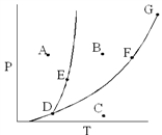 <strong>On the phase diagram below,which point corresponds to conditions where only the gas phase exists? </strong> A) A B) B C) C D) D E) G