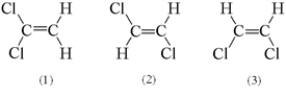 <strong>Three possible structures of C<sub>2</sub>H<sub>2</sub>Cl<sub>2</sub> are shown below.Which of these molecules are polar? </strong> A) 1 only B) 2 only C) 3 only D) 1 and 3 E) 2 and 3