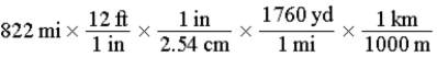<strong>The distance from Austin,Texas,to Lincoln,Nebraska,is 822 miles by car.Which of the following series of calculations will yield this distance in units of kilometers? (1 in = 2.54 cm (exact),1 mi = 5280 ft (exact),1 ft = 12 in (exact))</strong> A) B) C) D) E)