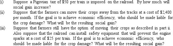 Railway engines create sparks,which sometimes set fire to crops planted near the tracks.A large number of farmers are affected,and transactions costs prevent the farmers and the railroad from negotiating bribes or side payments.The price of railway service is $250 per train,and each train causes $50 of crop damage.The accompanying diagram shows the relevant market for railway service.    <div style=padding-top: 35px> 