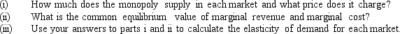 Suppose a monopolist sells in two distinct markets.The demand and marginal revenue for the first market are given by P<sub>1</sub> = 240 - 2Q<sub>1</sub> and MR<sub>1</sub> = 240 - 4Q<sub>1</sub>,respectively,where Q<sub>1</sub> is the quantity demanded and P<sub>1</sub> is the price paid by the first group.The demand and marginal revenue for the second market are given by P<sub>2</sub> = 120 - Q<sub>2</sub> and MR<sub>2</sub> = 120 - 2Q<sub>2</sub>,respectively,where Q<sub>2</sub> is the quantity demanded and P<sub>2</sub> is the price paid by the second group.The monopoly's marginal cost is given by MC = 4/9 Q,where Q is the total output produced by the monopoly.