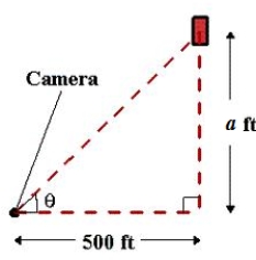 <strong>In a free-fall experiment,an object is dropped from a height of a = 144 feet.A camera on the ground 500 feet from the point of impact records the fall of the object as shown in the figure.Assuming the object is released at time t = 0.Find the rate of change of the angle of elevation of the camera when t = 1.Round your answer to four decimal places. </strong> A)-0.6006 B)-0.0581 C)0.0601 D)0.0581 E)-0.0601
