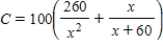 The ordering and transportation cost C for the components used in manufacturing a product is , where C is measured in thousands of dollars and x is the order size in hundreds.Find the rate of change of C with respect to x for .Round your answer to two decimal places. 