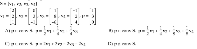 Determine whether the point p is in the convex hull of S.