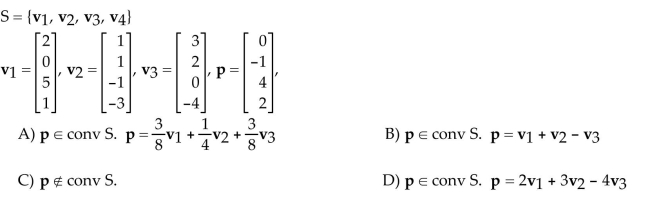 Determine whether the point p is in the convex hull of S.