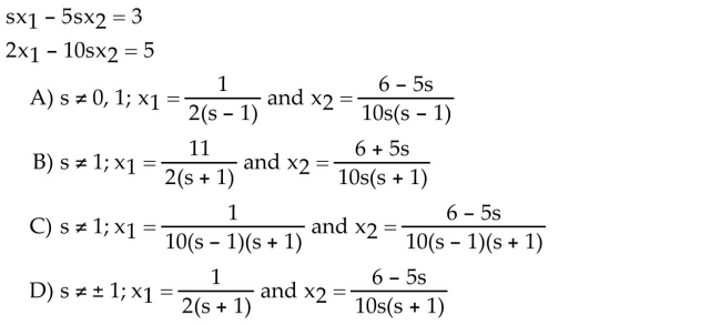 Determine the values of the parameter s for which the system has a unique solution, and describe the solution.