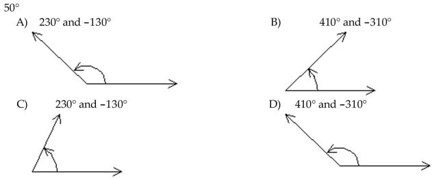 Draw the given angle in standard position. Draw an arrow representing the correct amount of rotation. Find the measure of two other angles, one positive and one negative, coterminal with the given angle.