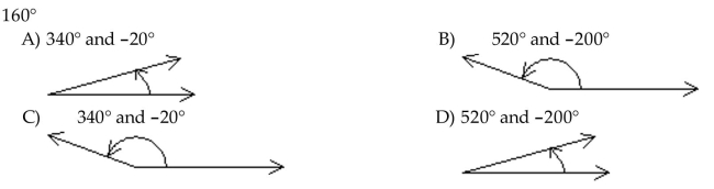 Draw the given angle in standard position. Draw an arrow representing the correct amount of rotation. Find the measure of two other angles, one positive and one negative, coterminal with the given angle.