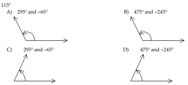 Draw the given angle in standard position. Draw an arrow representing the correct amount of rotation. Find the measure of two other angles, one positive and one negative, coterminal with the given angle.