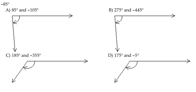Draw the given angle in standard position. Draw an arrow representing the correct amount of rotation. Find the measure of two other angles, one positive and one negative, coterminal with the given angle.