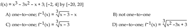 Use a graphing calculator to graph the function using the given viewing window. Use the graph to decide if the function is one-to-one. If the function is one-to-one, give the equation of the inverse function.