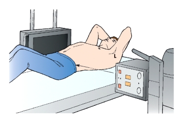 <strong>The patient in this figure is placed in which of the following positions? </strong> A) Left lateral decubitus B) Right lateral decubitus C) Dorsal decubitus D) Ventral decubitus