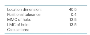 Calculate the minimum edge distance or minimum wall thickness between the edge of a hole and the outside surface of the part for an LMC positional tolerance application given the following information (dimensions are in millimeters).
