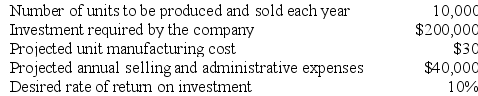 Hill Corporation is contemplating the introduction of a new product. The company has gathered the following information concerning the product: The company uses the absorption costing approach to cost-plus pricing as described in the text. Required: a. Compute the markup on absorption cost. b. Compute the selling price. c. If the price computed in b above is charged, and costs turn out as projected, can the company be assured that no loss will be sustained on the new product? Explain.
