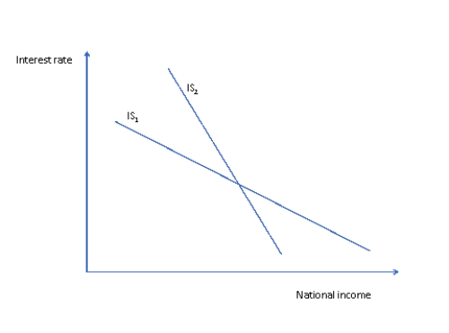 <strong>Refer to figure 3 below. Which statement about the two possible IS curves in figure 3 is true? Figure 3  </strong> A) The economy is in equilibrium where IS<sub>1</sub> and IS<sub>2</sub> intersect. B) IS<sub>1</sub> represents an economy in which consumers' expenditure and investment spending are more sensitive to interest rate changes than they are in the economy represented by IS<sub>2</sub>. C) IS<sub>1</sub> represents an economy in which consumers' expenditure and investment spending are less sensitive to interest rate changes than they are in the economy represented by IS<sub>2</sub>. D) None of the above is true. <div style=padding-top: 35px> 