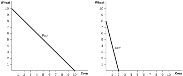 <strong>Figure 3-2 Refer to Figure 3-2. Assume that both Paul and Cliff divide their time equally between the production of corn and wheat, and they do not trade. If they were the only producers of corn and wheat, what would the total production of wheat and corn be?</strong> A) 7 bushels of wheat and 8 bushels of corn B) 8 bushels of wheat and 7 bushels of corn C) 9 bushels of wheat and 6 bushels of corn D) 18 bushels of wheat and 12 bushels of corn