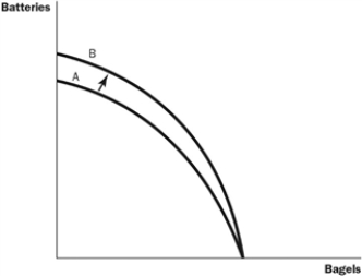 Figure 2-5 -Refer to Figure 2-5. What most likely caused the shift of the production possibilities frontier from A to B?